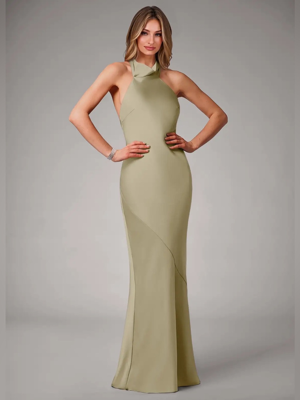 Azazie Women's Velli Moss Green High Neck Backless Formal Dress Sz A8 NWT